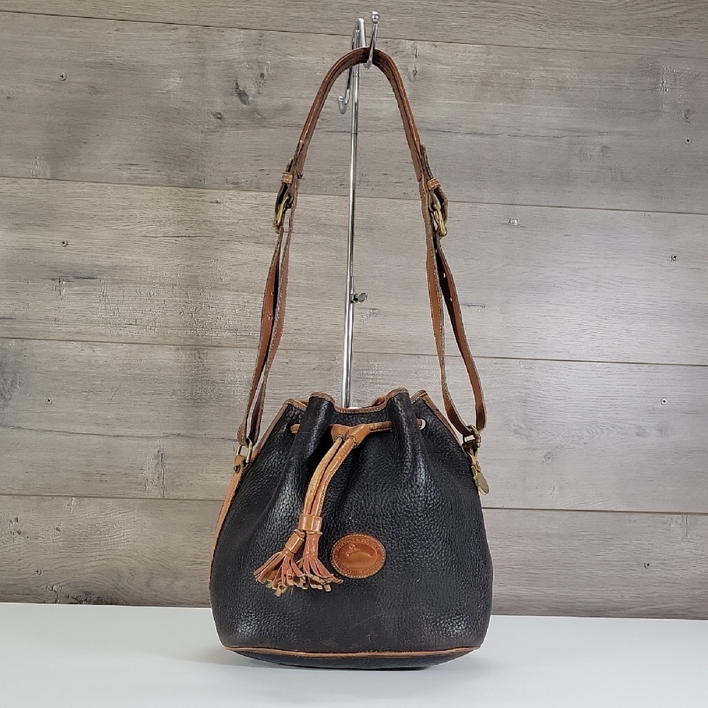Vintage Dooney & Bourke Black Pebbled Leather Drawstring Bucket Bag